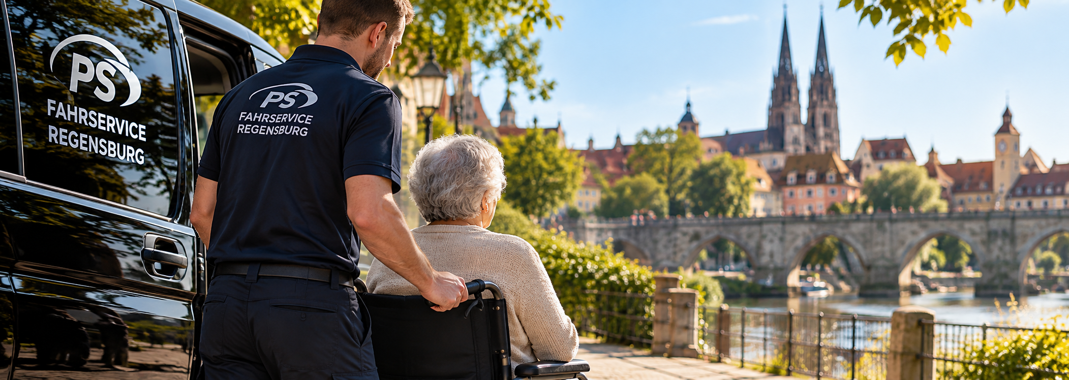 Fahrer von PS Fahrservice Regensburg begleitet einen Fahrgast im Rollstuhl